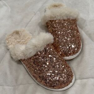 Sequin Fur-Lined Slippers Rose Gold Size 5-6